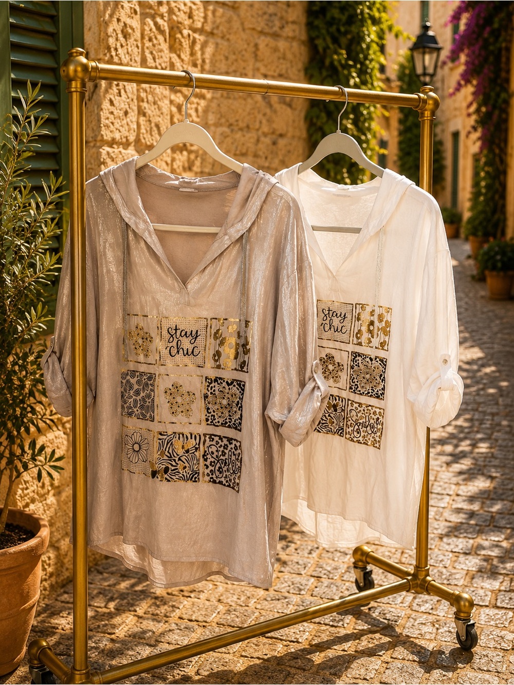 IT006 🇮🇹 Made in Italy Stay Chic Embellished Hooded Tunic Top